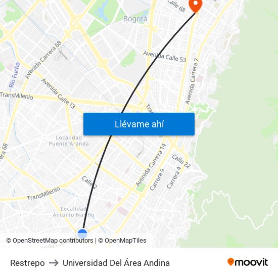 Restrepo to Universidad Del Área Andina map