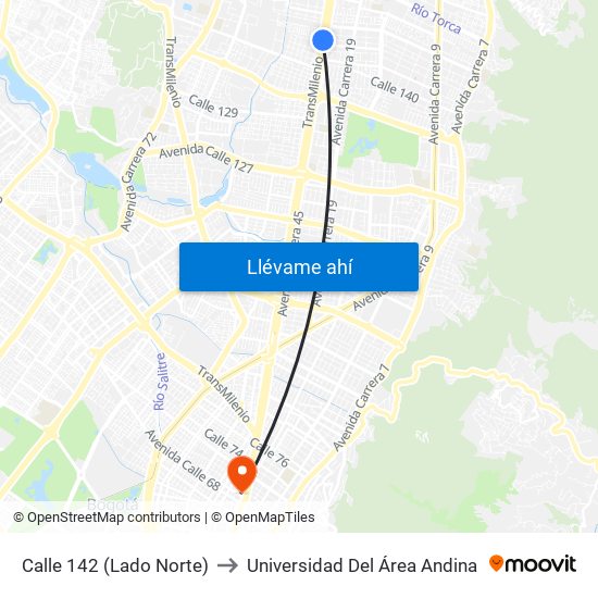 Calle 142 (Lado Norte) to Universidad Del Área Andina map