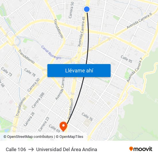 Calle 106 to Universidad Del Área Andina map