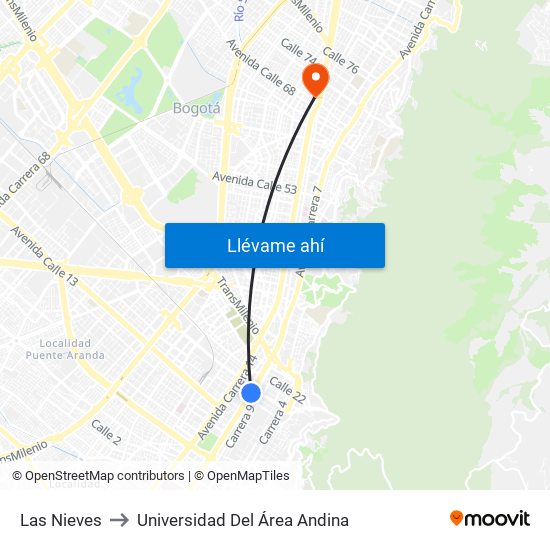 Las Nieves to Universidad Del Área Andina map