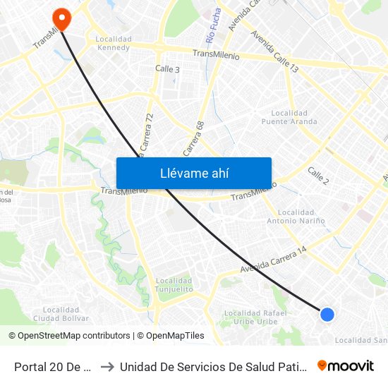 Portal 20 De Julio to Unidad De Servicios De Salud Patio Bonito map