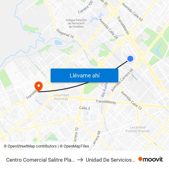 Centro Comercial Salitre Plaza (Av. La Esperanza - Kr 68b) to Unidad De Servicios De Salud Patio Bonito map