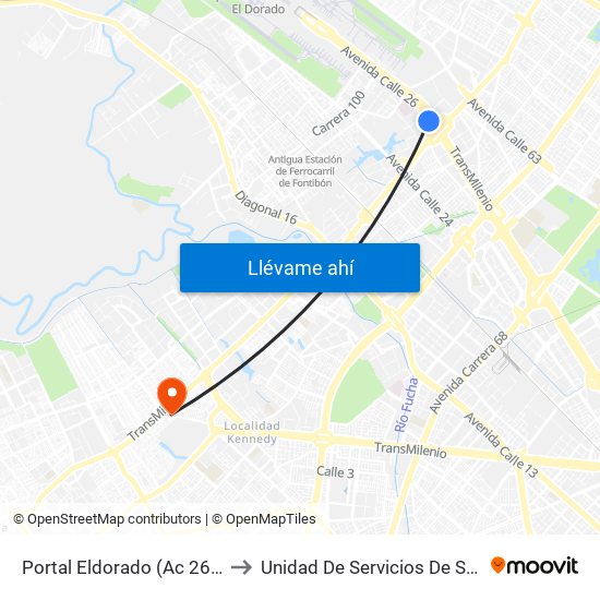 Portal Eldorado (Ac 26 - Av. C. De Cali) to Unidad De Servicios De Salud Patio Bonito map
