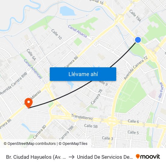 Br. Ciudad Hayuelos (Av. Centenario - Kr 78g) to Unidad De Servicios De Salud Patio Bonito map