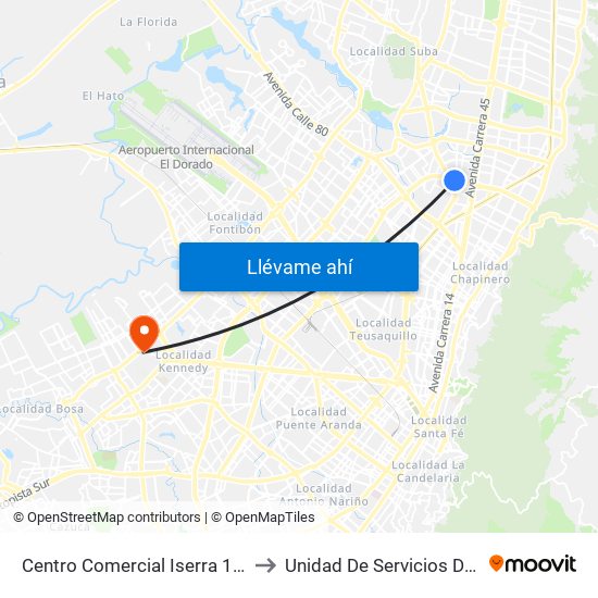 Centro Comercial Iserra 100 (Ac 100 - Kr 54) (B) to Unidad De Servicios De Salud Patio Bonito map
