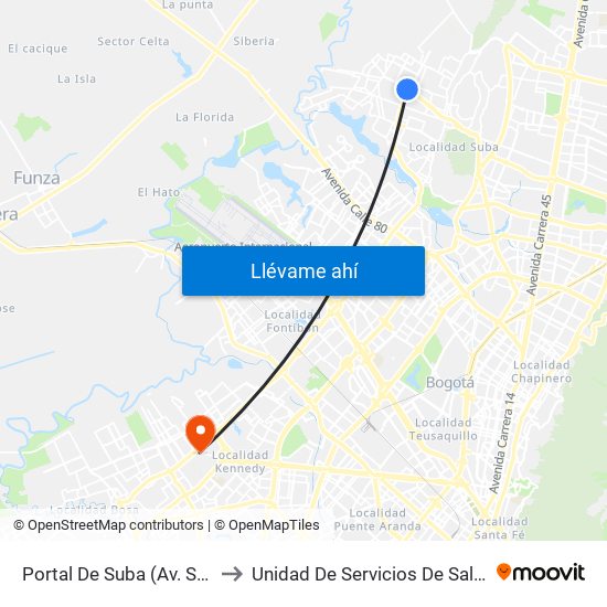 Portal De Suba (Av. Suba - Kr 106) to Unidad De Servicios De Salud Patio Bonito map