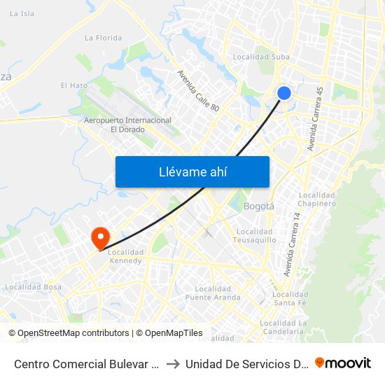 Centro Comercial Bulevar Niza (Ac 127 - Av. Suba) to Unidad De Servicios De Salud Patio Bonito map