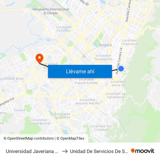 Universidad Javeriana (Ak 7 - Cl 40) (B) to Unidad De Servicios De Salud Patio Bonito map