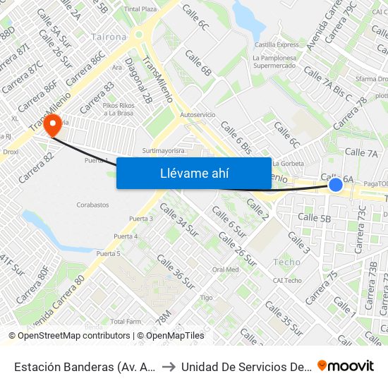 Estación Banderas (Av. Américas - Kr 78a) (A) to Unidad De Servicios De Salud Patio Bonito map