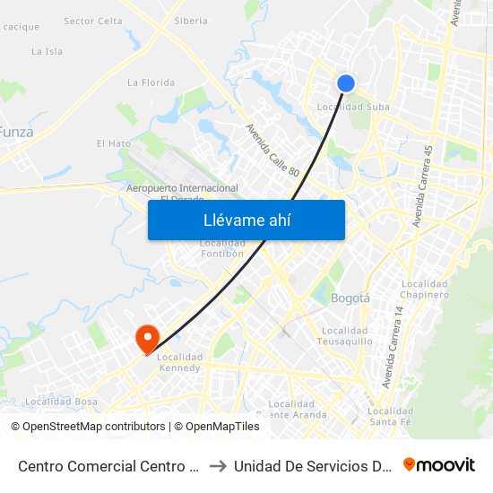 Centro Comercial Centro Suba (Av. Suba - Kr 91) to Unidad De Servicios De Salud Patio Bonito map