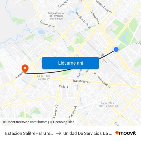 Estación Salitre - El Greco (Ac 26 - Ak 68) to Unidad De Servicios De Salud Patio Bonito map