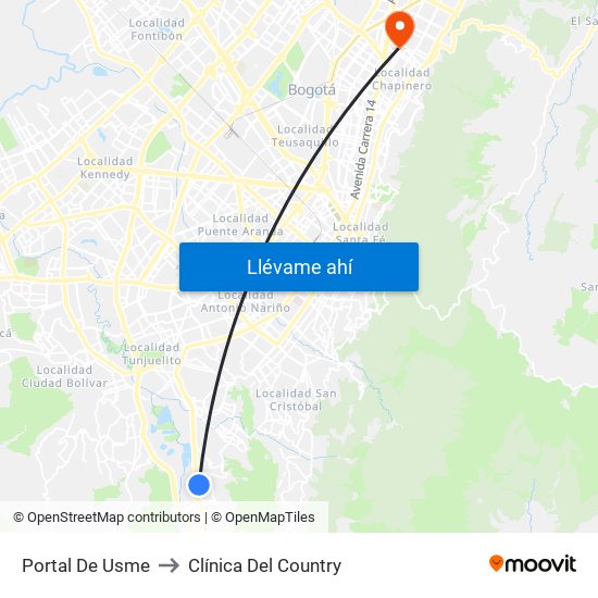 Portal De Usme to Clínica Del Country map