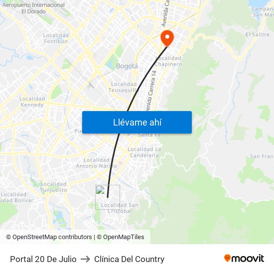 Portal 20 De Julio to Clínica Del Country map