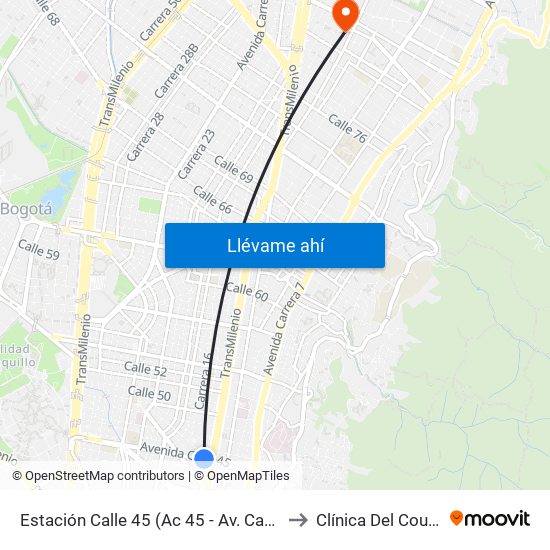 Estación Calle 45 (Ac 45 - Av. Caracas) to Clínica Del Country map