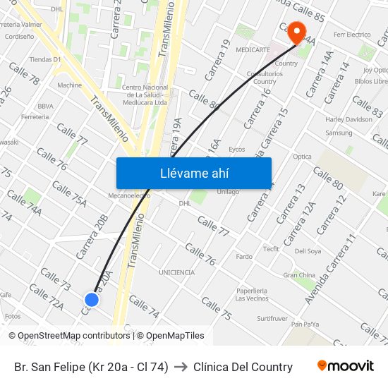 Br. San Felipe (Kr 20a - Cl 74) to Clínica Del Country map