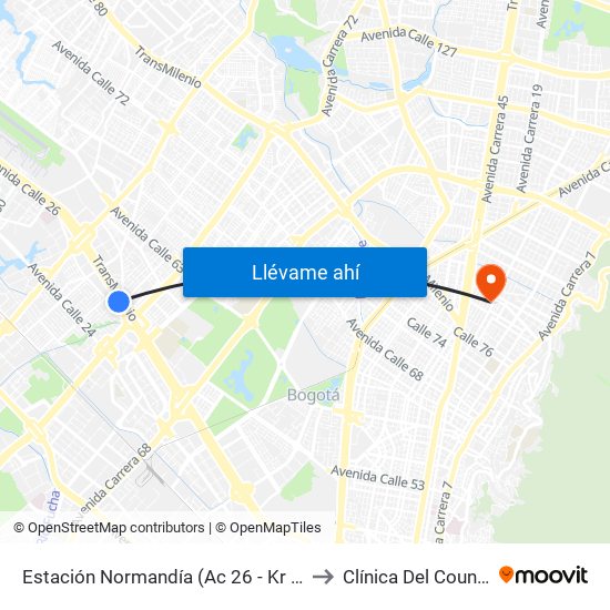 Estación Normandía (Ac 26 - Kr 74) to Clínica Del Country map