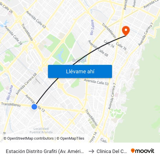 Estación Distrito Grafiti (Av. Américas - Kr 53a) to Clínica Del Country map