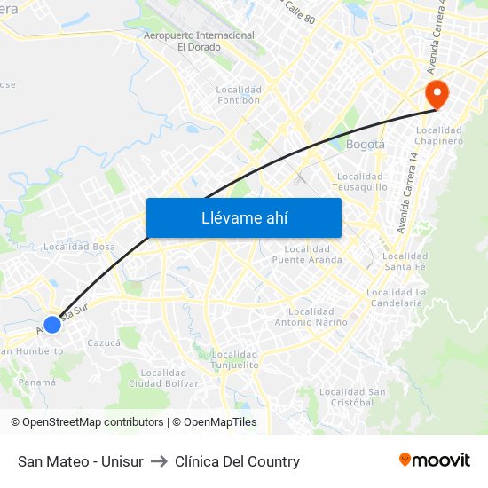 San Mateo - Unisur to Clínica Del Country map