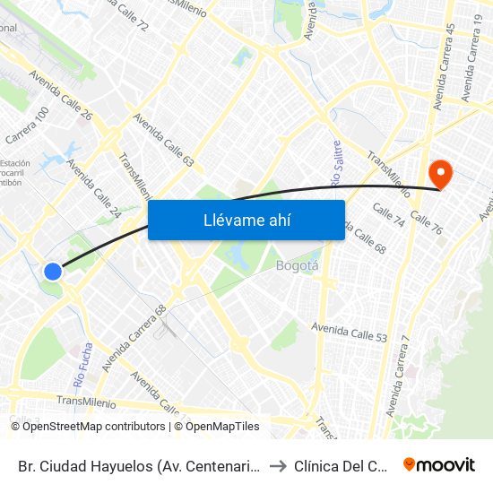 Br. Ciudad Hayuelos (Av. Centenario - Kr 78g) to Clínica Del Country map