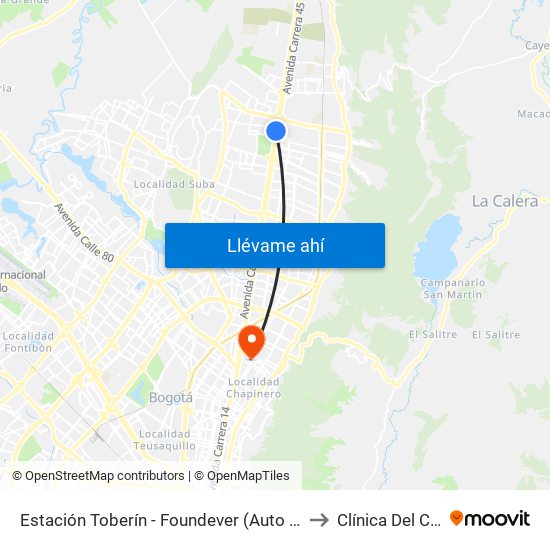 Estación Toberín - Foundever (Auto Norte - Cl 166) to Clínica Del Country map