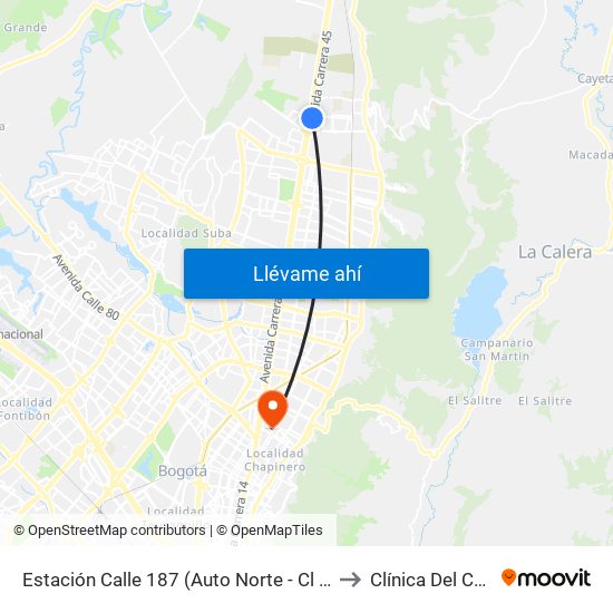 Estación Calle 187 (Auto Norte - Cl 187 Bis) (A) to Clínica Del Country map