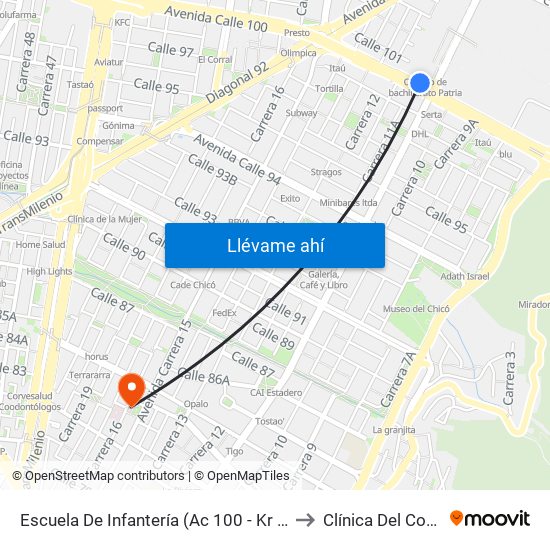 Escuela De Infantería (Ac 100 - Kr 11a) (B) to Clínica Del Country map