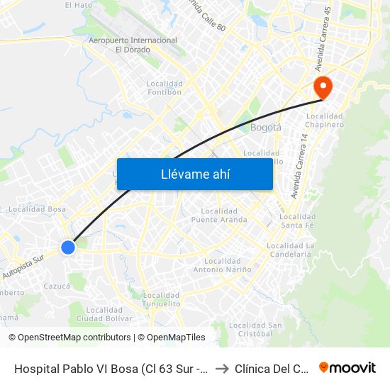 Hospital Pablo VI Bosa (Cl 63 Sur - Kr 77g) (A) to Clínica Del Country map