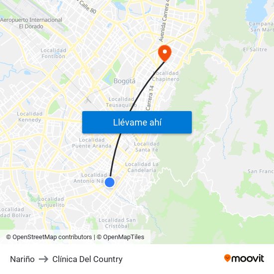 Nariño to Clínica Del Country map