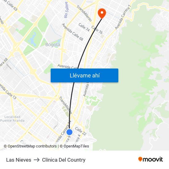 Las Nieves to Clínica Del Country map