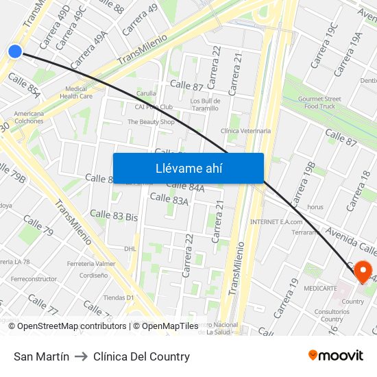 San Martín to Clínica Del Country map
