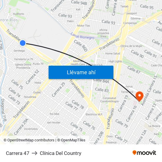 Carrera 47 to Clínica Del Country map