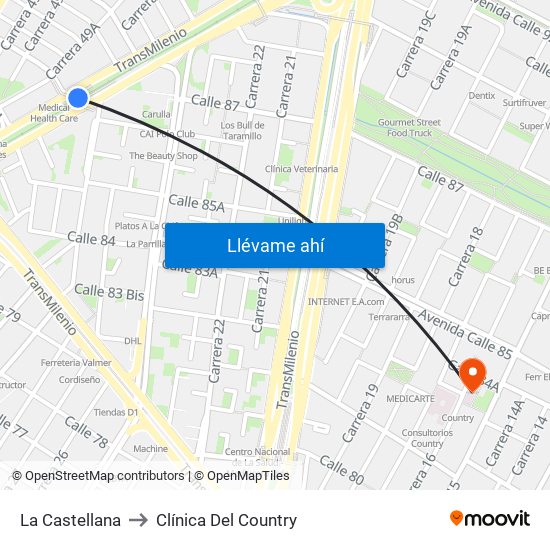 La Castellana to Clínica Del Country map