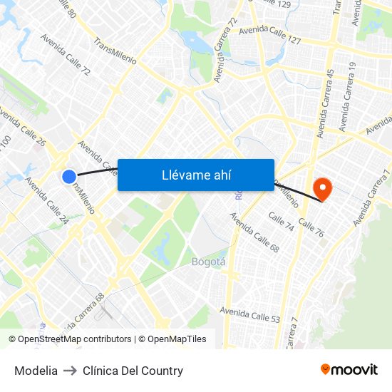 Modelia to Clínica Del Country map