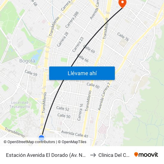 Estación Avenida El Dorado (Av. NQS - Cl 40a) to Clínica Del Country map