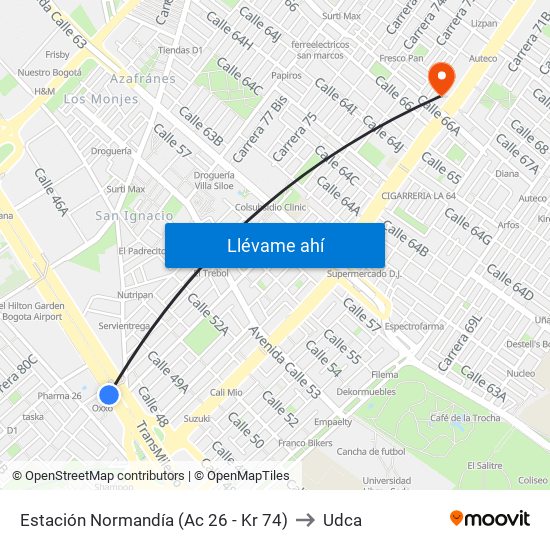 Estación Normandía (Ac 26 - Kr 74) to Udca map