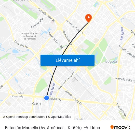 Estación Marsella (Av. Américas - Kr 69b) to Udca map