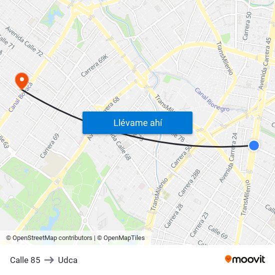 Calle 85 to Udca map