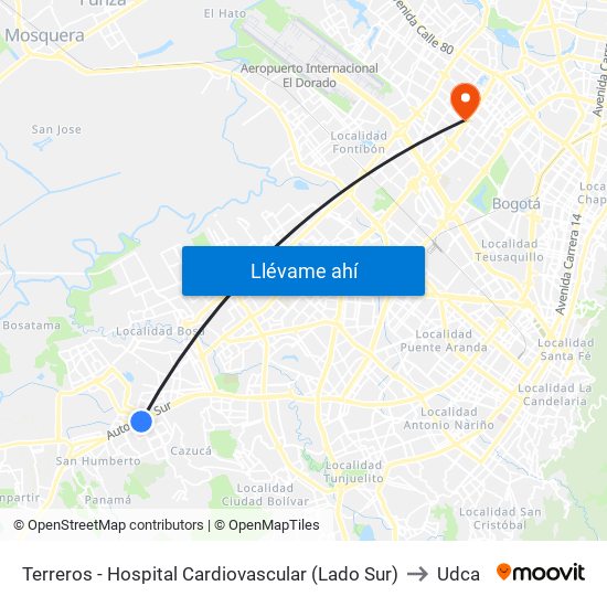 Terreros - Hospital Cardiovascular (Lado Sur) to Udca map