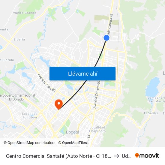 Centro Comercial Santafé (Auto Norte - Cl 187) (B) to Udca map