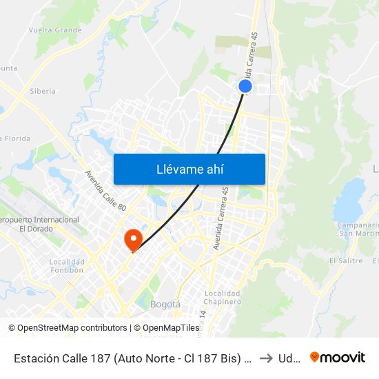 Estación Calle 187 (Auto Norte - Cl 187 Bis) (A) to Udca map