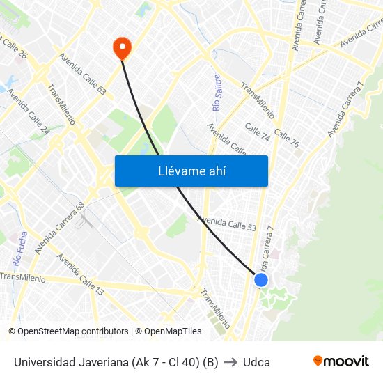 Universidad Javeriana (Ak 7 - Cl 40) (B) to Udca map