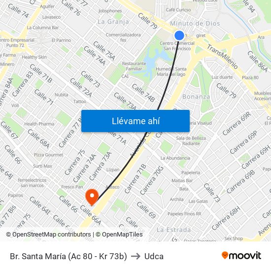 Br. Santa María (Ac 80 - Kr 73b) to Udca map