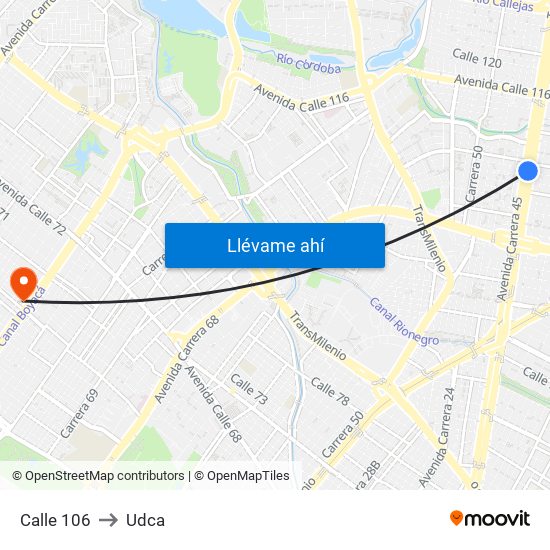 Calle 106 to Udca map