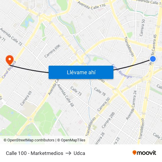 Calle 100 - Marketmedios to Udca map