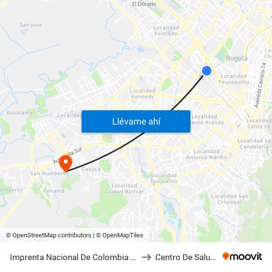 Imprenta Nacional De Colombia (Av. Esperanza - Kr 66) to Centro De Salud San Mateo map