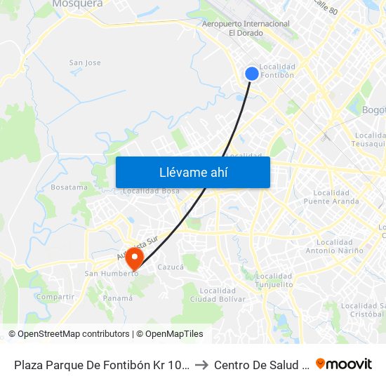 Plaza Parque De Fontibón Kr 100 (Kr 100 - Cl 17a) to Centro De Salud San Mateo map