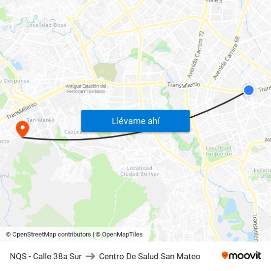 NQS - Calle 38a Sur to Centro De Salud San Mateo map