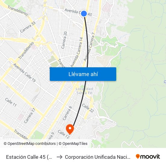 Estación Calle 45 (Ac 45 - Av. Caracas) to Corporación Unificada Nacional De Educación Superior map