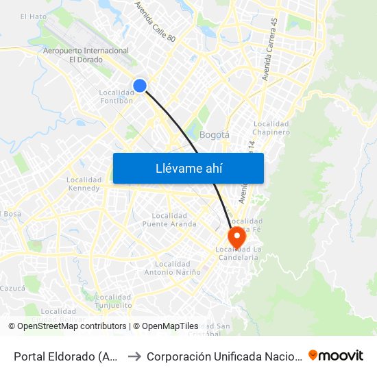 Portal Eldorado (Ac 26 - Av. C. De Cali) to Corporación Unificada Nacional De Educación Superior map