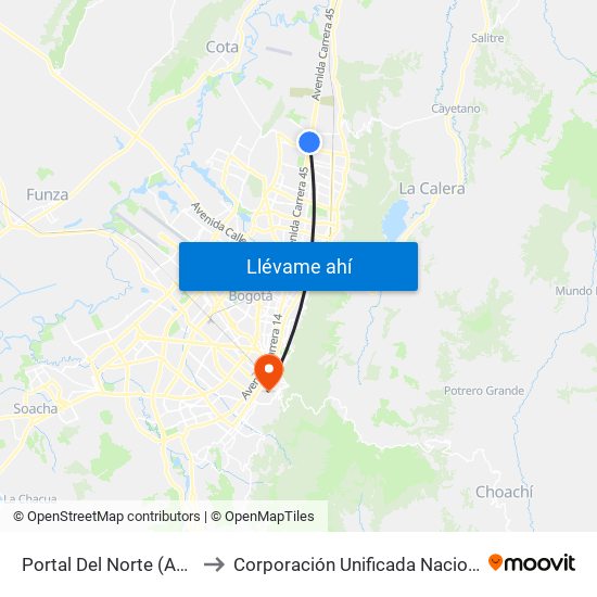 Portal Del Norte (Auto Norte - Cl 174a) to Corporación Unificada Nacional De Educación Superior map